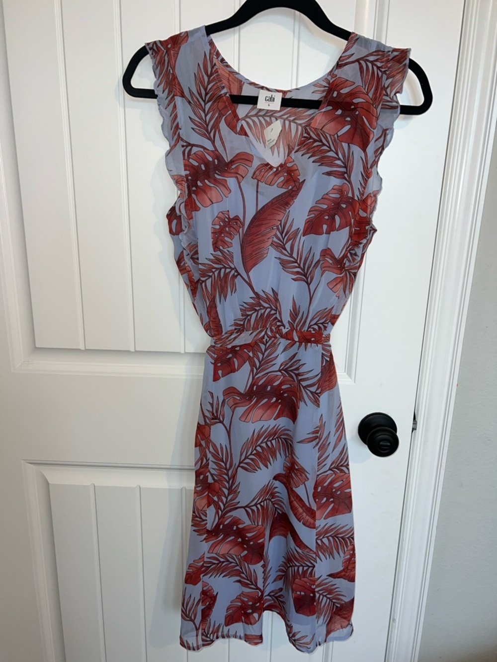 NWT! CAbi Isabel V-Neck Mini Dress in Light Blue with Coral Leaf Print Size L - Picture 5 of 16